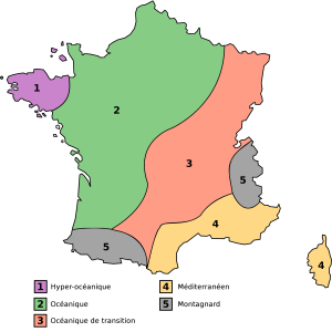 Répartition géographique des cinq types de climats français